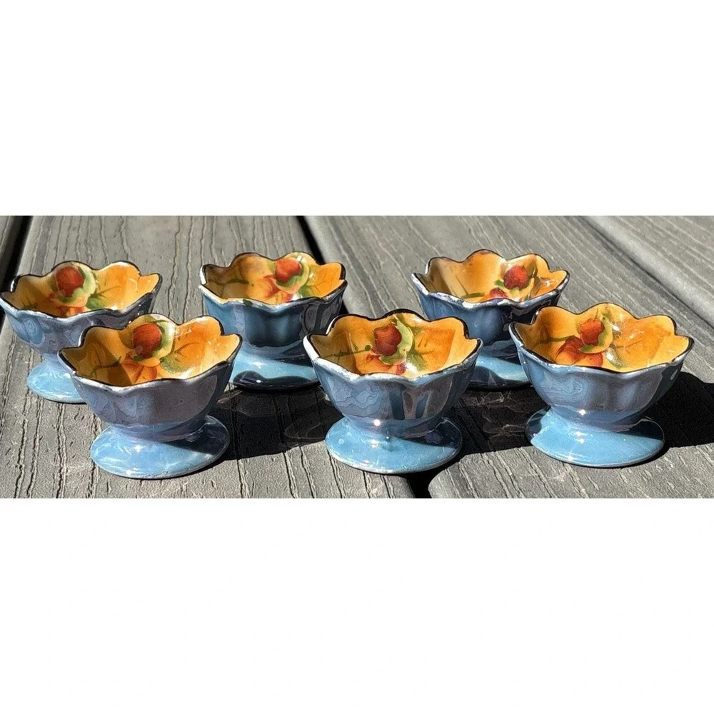 Vintage Lustre Open Salt Cellars‎ dessert Bowls Orange Blue floral Set Of 6